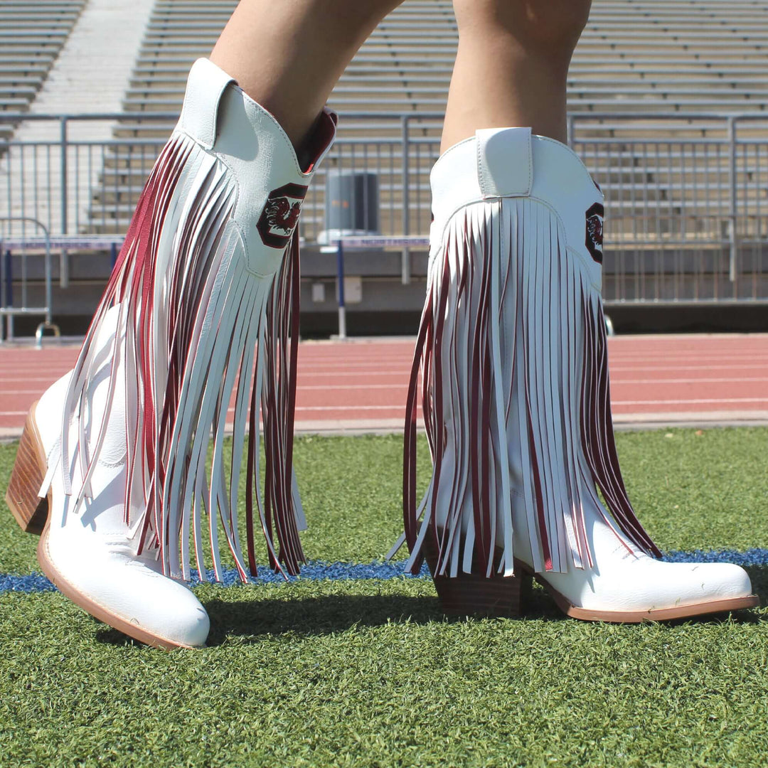 University of South Carolina Kacey White Fringe Boot By V By Vaccari