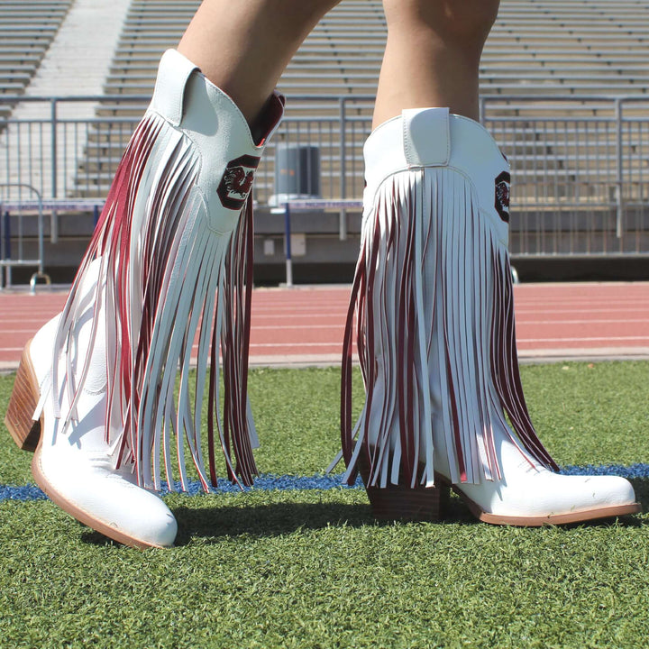 University of South Carolina Kacey White Fringe Boot By V By Vaccari