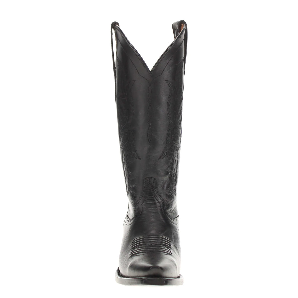 A single black leather cowboy boot with decorative embossed stitching on the shaft, shown in a front profile view against a plain white background.
