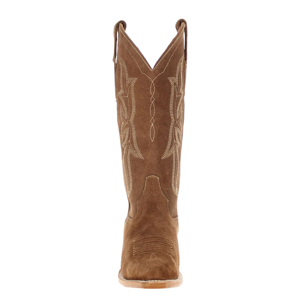 A single brown suede cowboy boot shown from the back, featuring light tan western embroidery on the shaft and a snip toe, set against a plain white background.