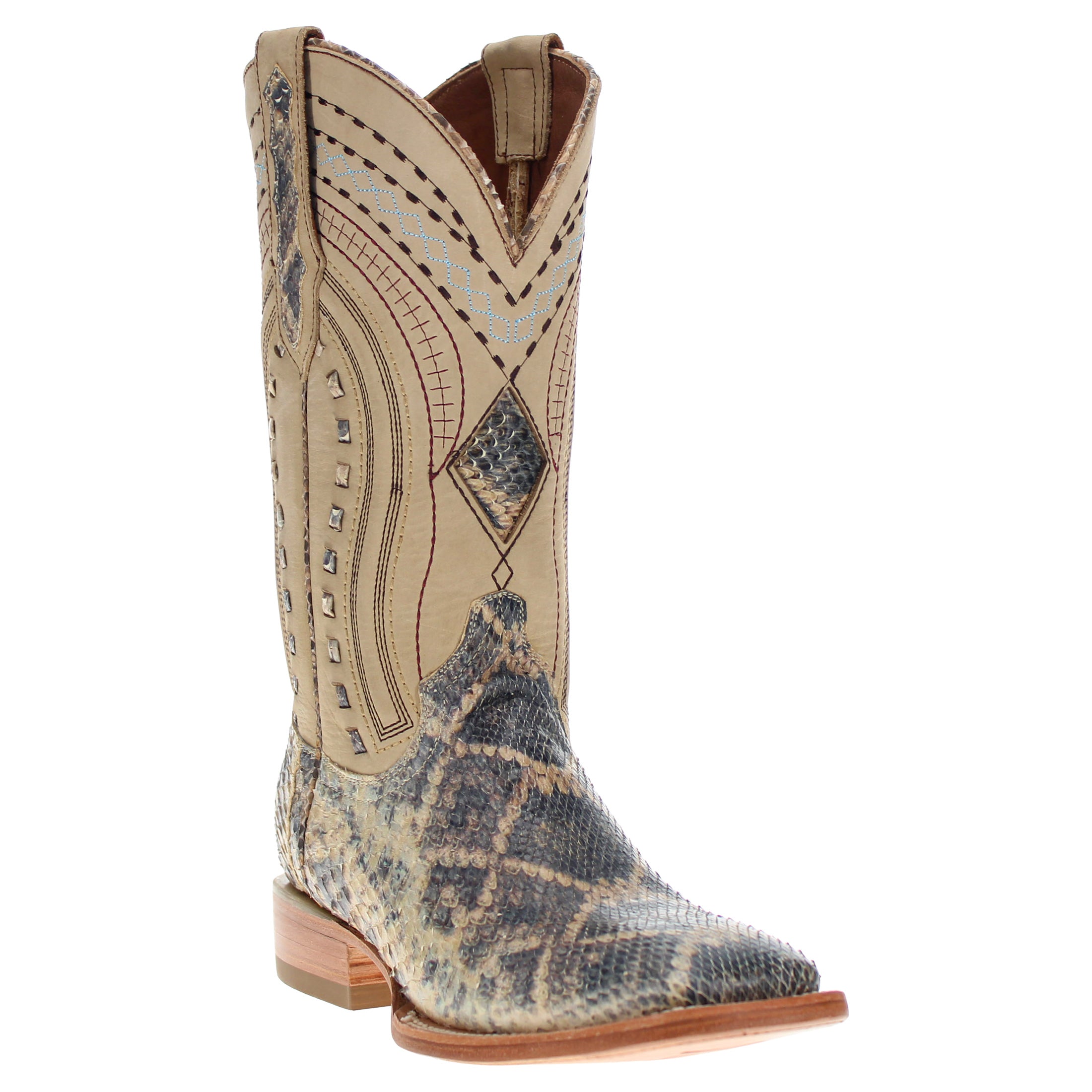 Men's Beige Python with Rattlesnake Overlay Square Toe Cowboy Boots by Vaccari