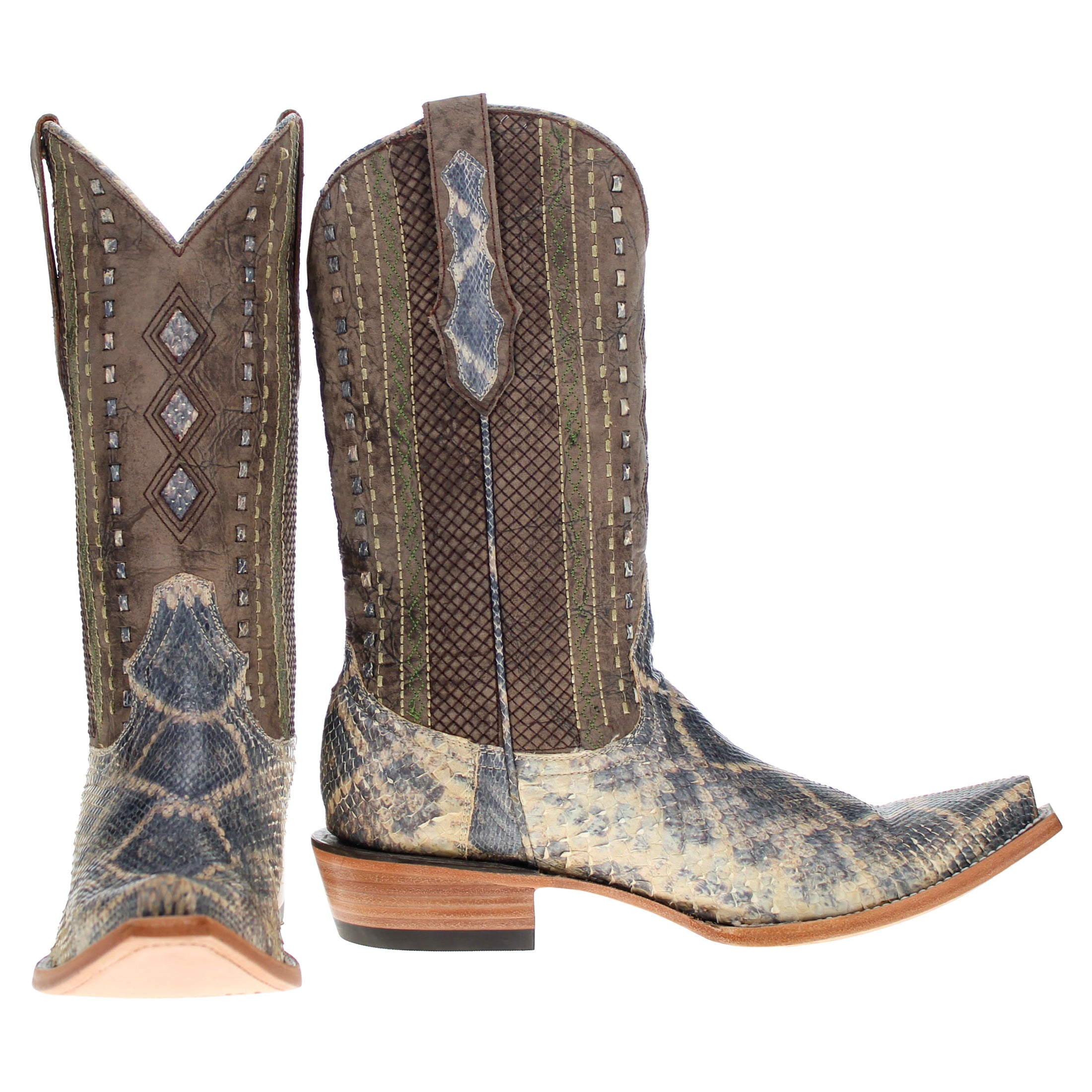 Men's Beige Python with Rattlesnake Overlay Snip Toe Cowboy Boots by Vaccari