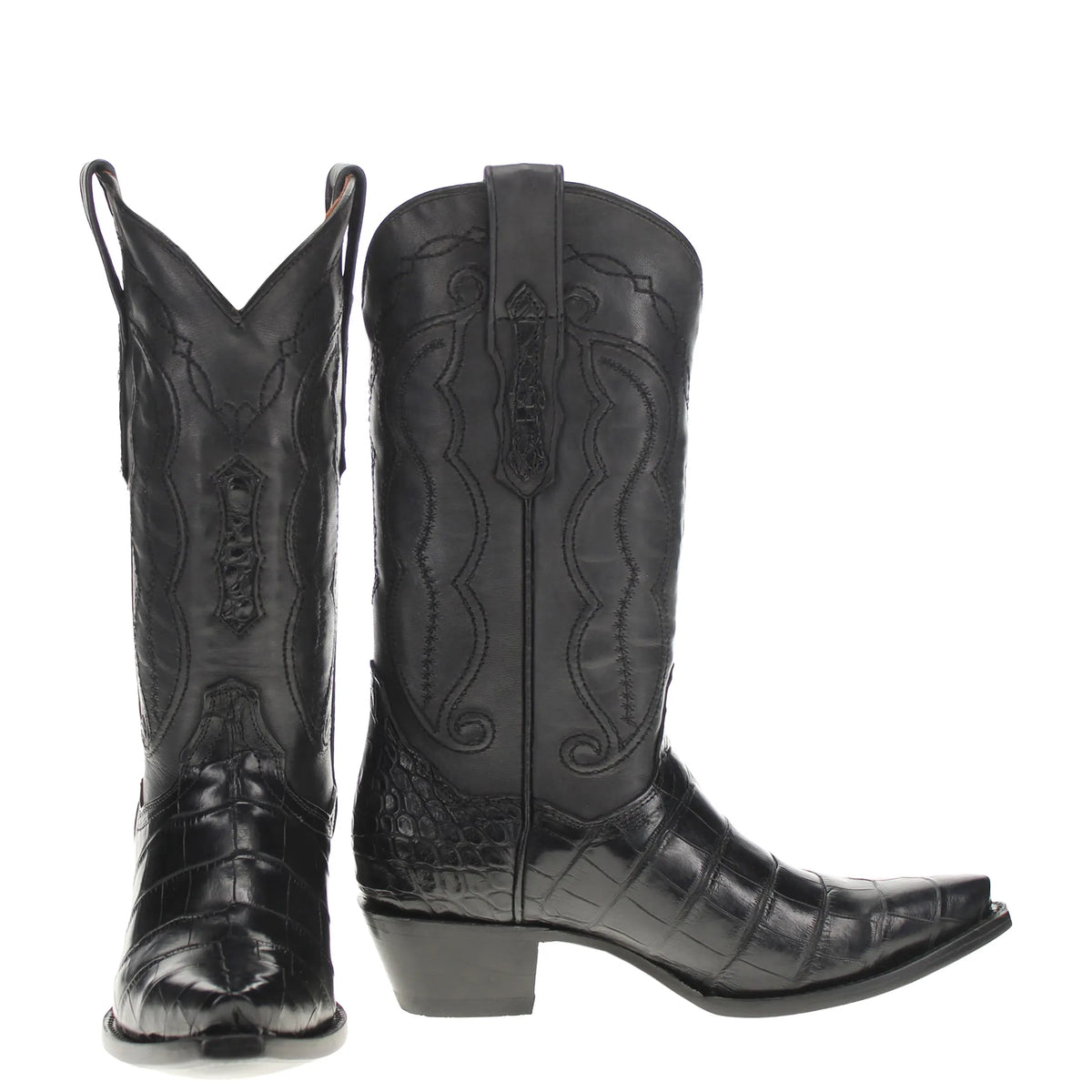 A pair of black leather cowboy boots with embossed alligator-style texture, decorative stitching, and pointed toes, shown against a plain white background.