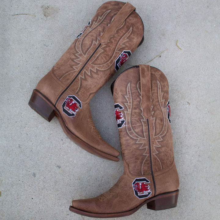 Women's University of South Carolina Gamecocks Tan Leather Snip Toe Cowgirl Boots by Vaccari