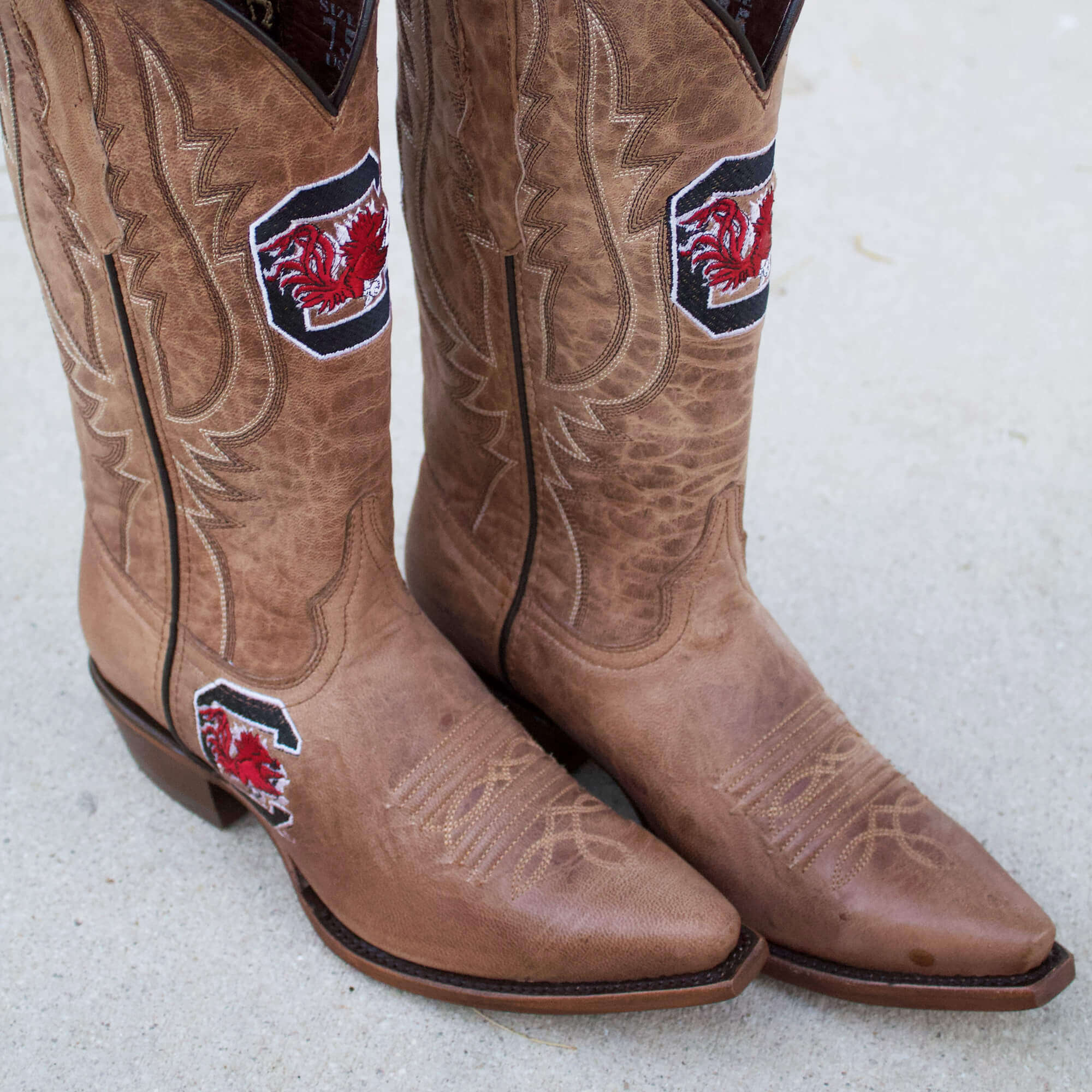 Women's University of South Carolina Gamecocks Tan Leather Snip Toe Cowgirl Boots by Vaccari