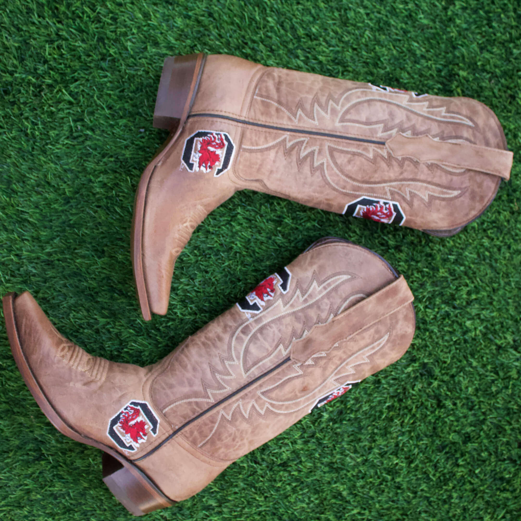 Women's University of South Carolina Gamecocks Tan Leather Snip Toe Cowgirl Boots by Vaccari