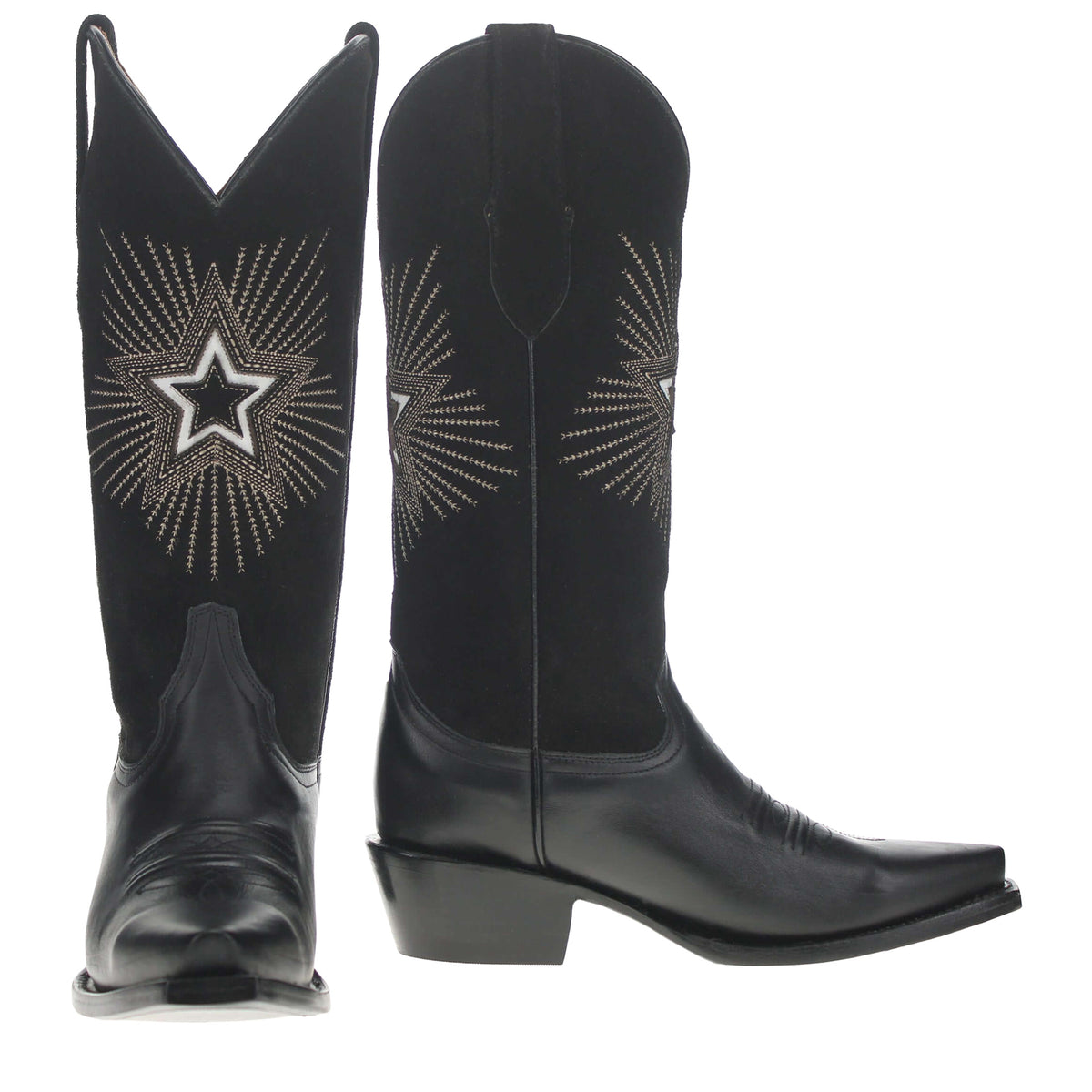 Black cowboy boots with star embroidery, western pull-on design