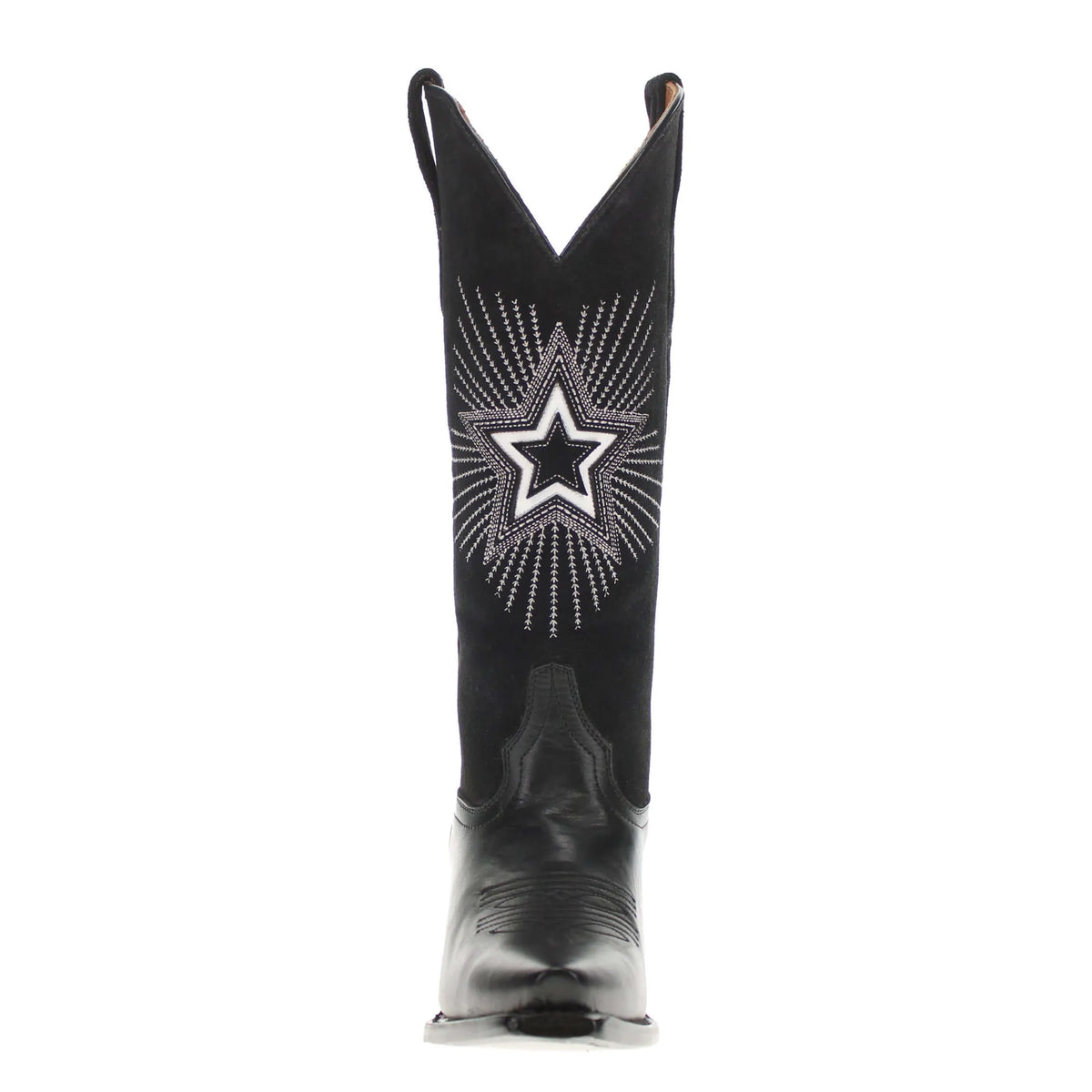 A single black western cowboy boot shown from the front on a plain white background. The shaft features a large white star outlined with radiating starburst details.