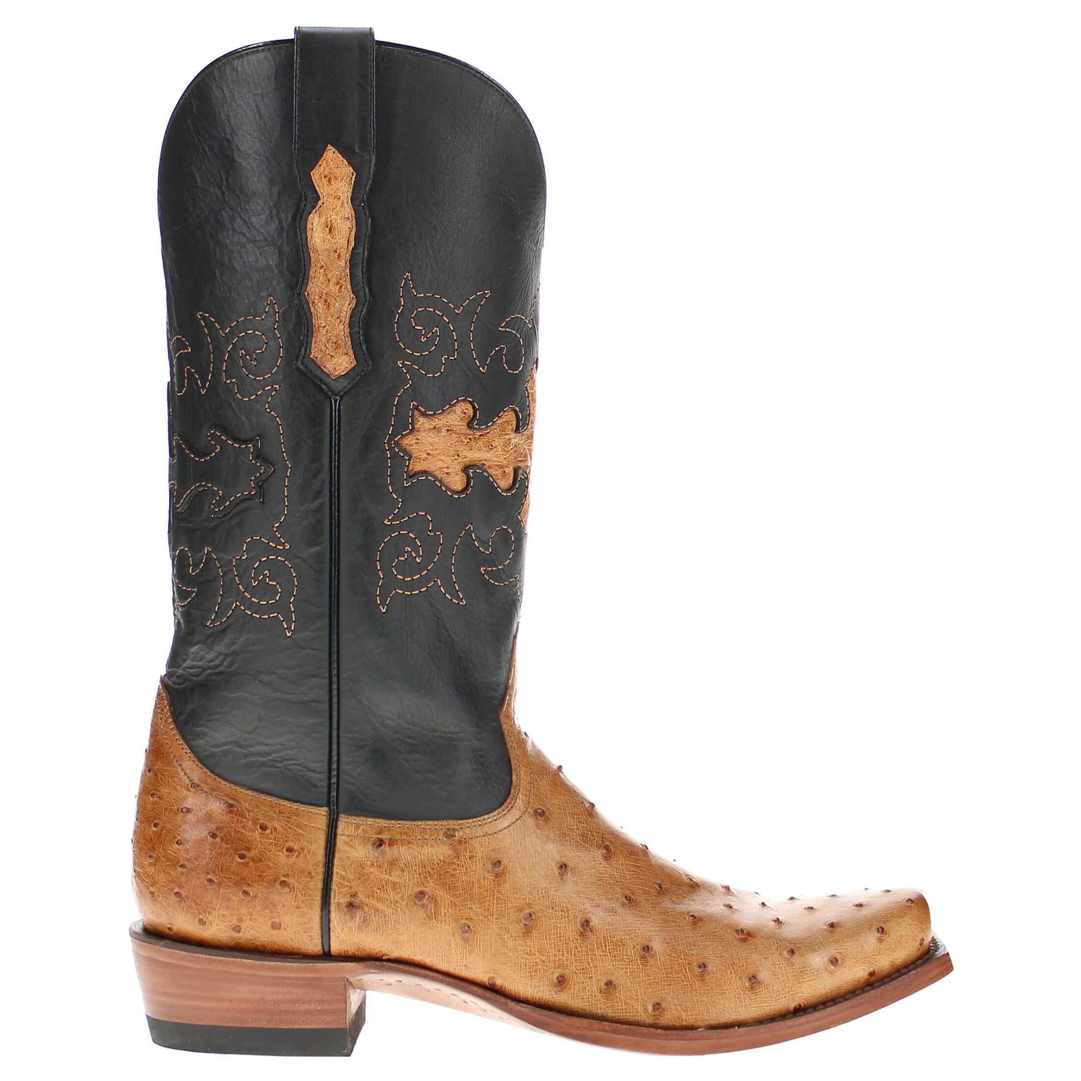 Mens Tan leather western boots with narrow square toe and decorative stitching, featuring full-quill ostrich leather on the foot for added texture.