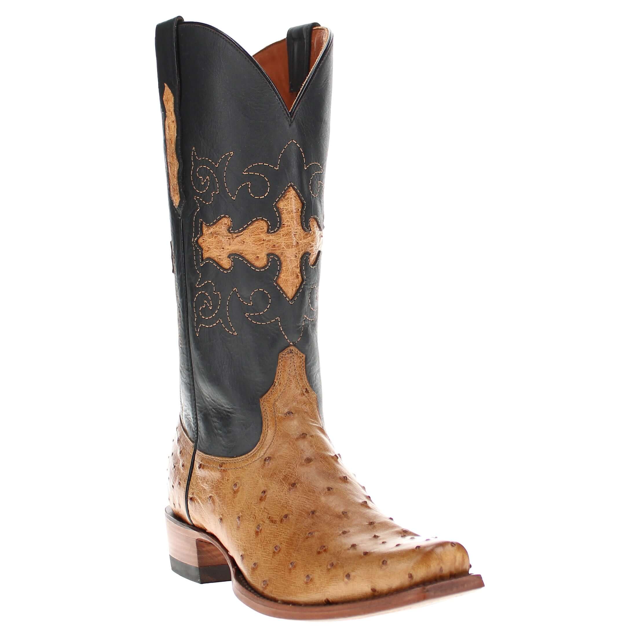 Mens Tan leather western boots with narrow square toe and decorative stitching, featuring full-quill ostrich leather on the foot for added texture.