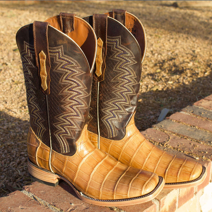 Mens Tan American Alligator Belly Tail Square Toe Cowboy Boots by Vaccari
