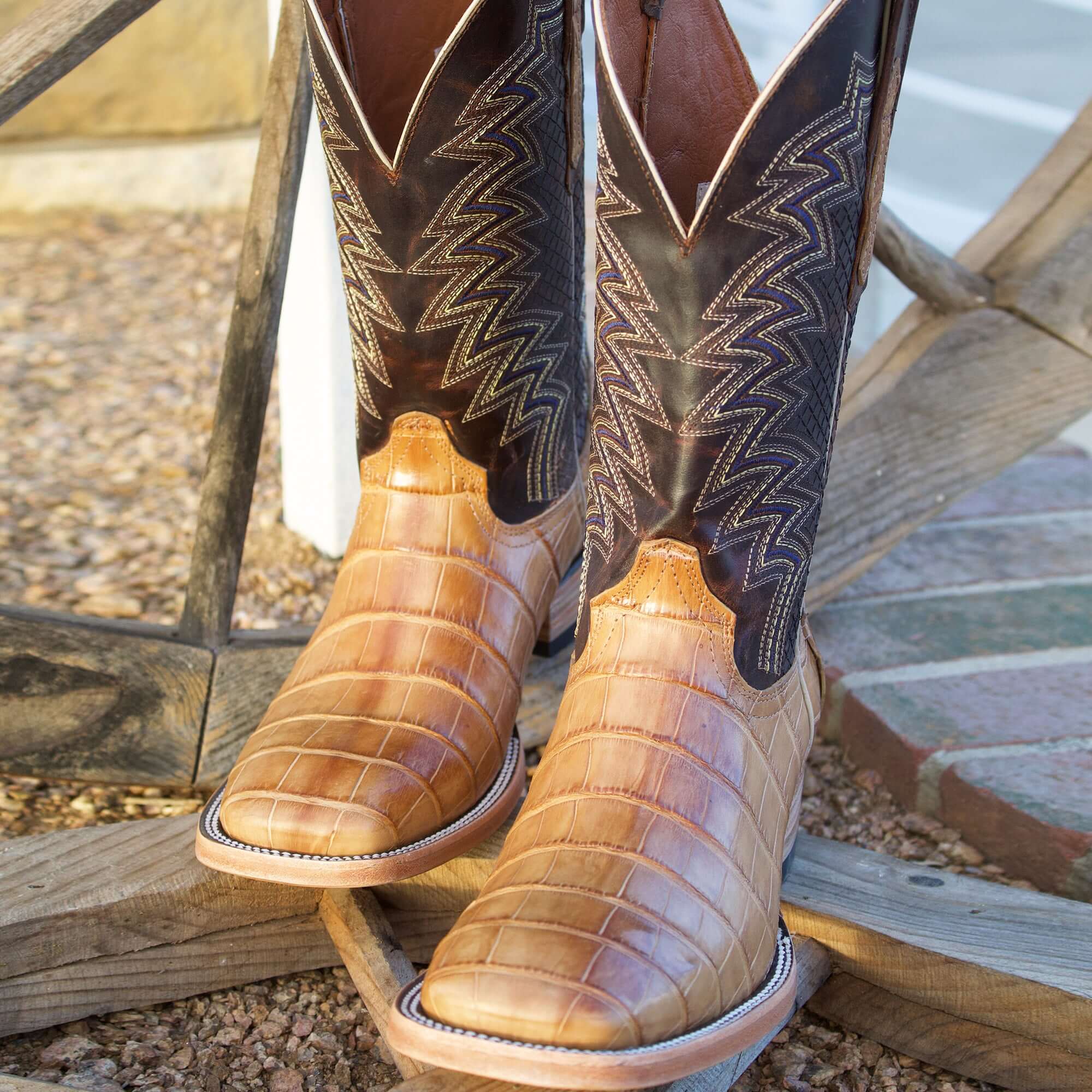 Mens Tan American Alligator Belly Tail Square Toe Cowboy Boots by Vaccari