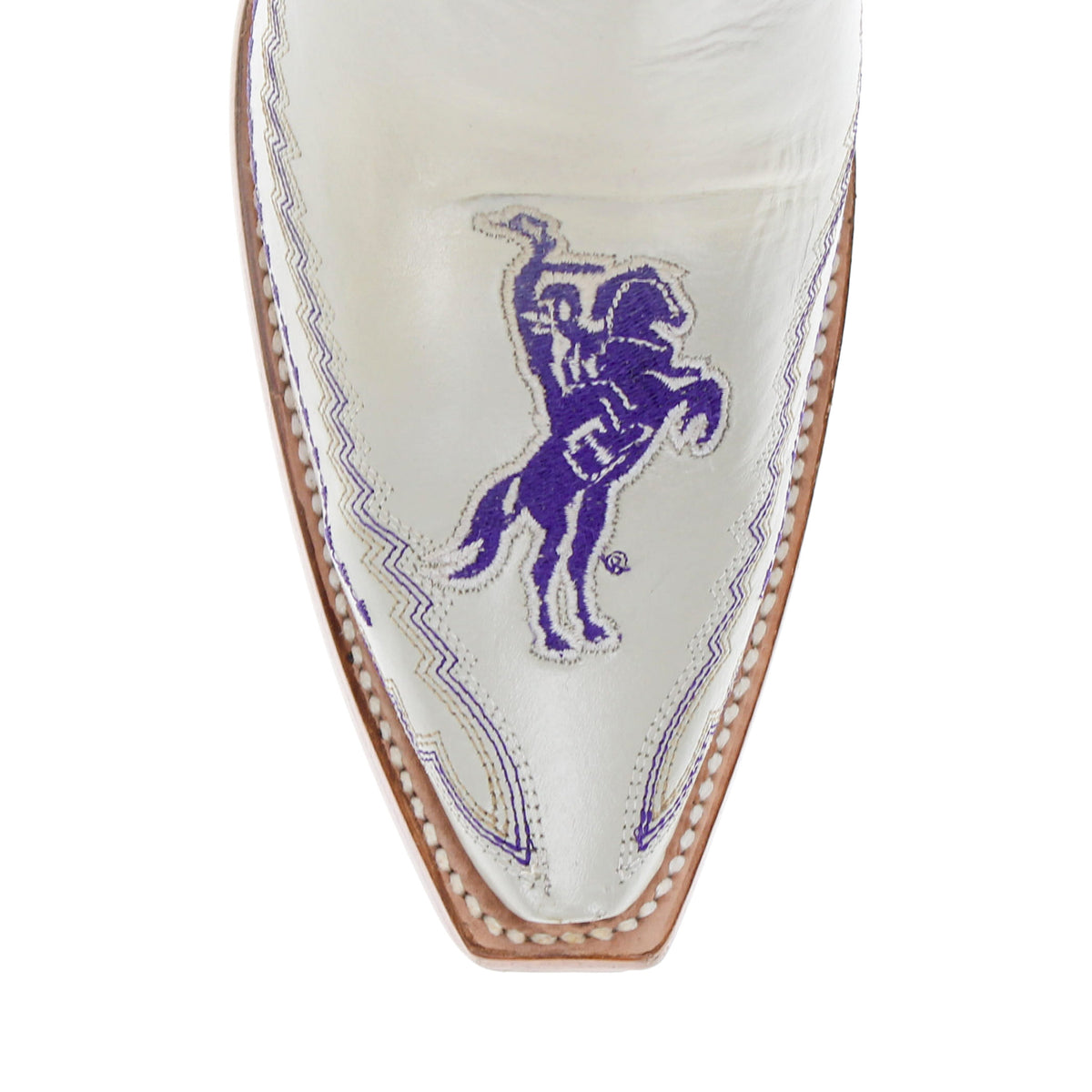 Cream boot toe panel close-up with purple horse graphic and decorative stitch trim