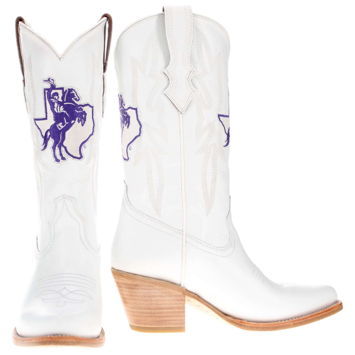 Pair of white cowboy boots with purple logo and wood block heels