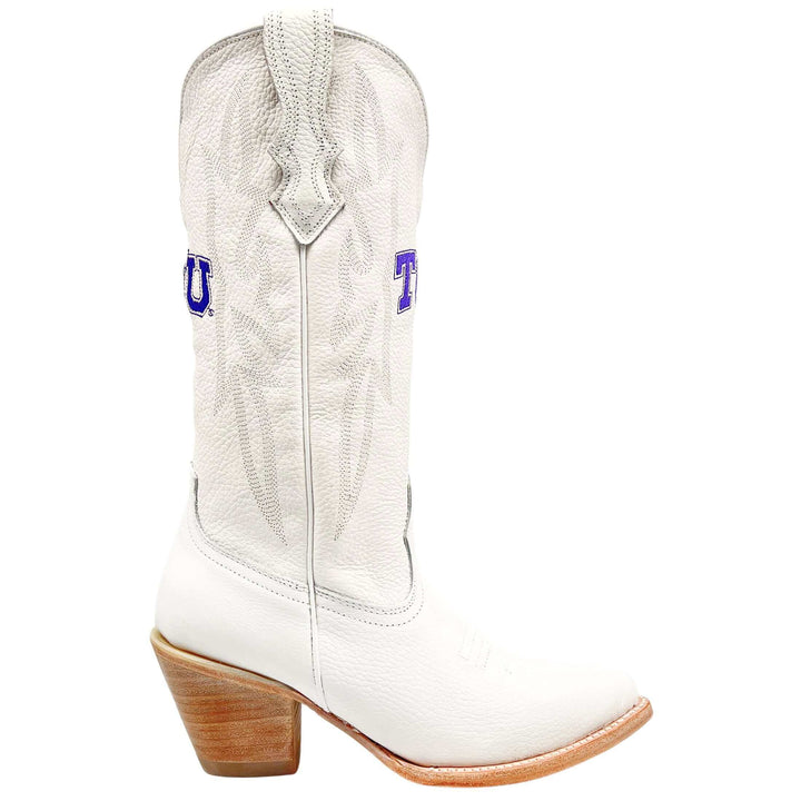 Women's Texas Christian University Horned Frogs All White Pointed Toe Cowgirl Boots Leighton by Vaccari