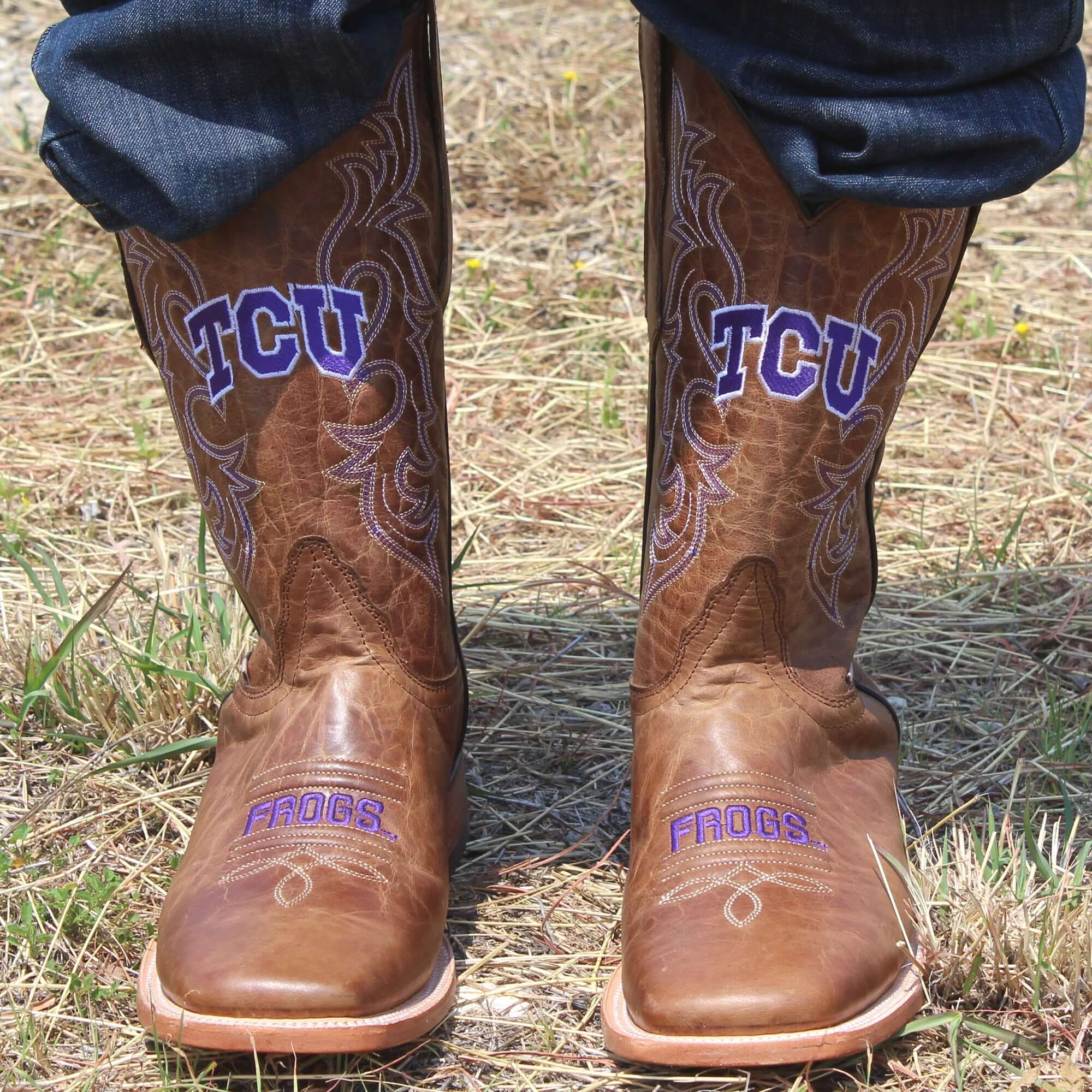 Men's TCU Horned Frogs Tan Leather Square Toe Cowboy Boots by Vaccari