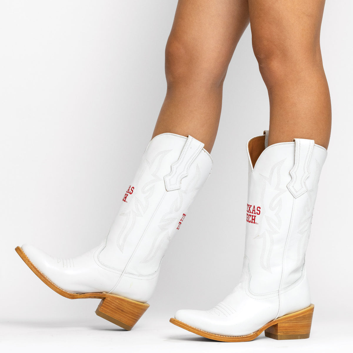 Leighton white cowboy boots, stitched shaft detail and Texas Tech logo, wooden block heels