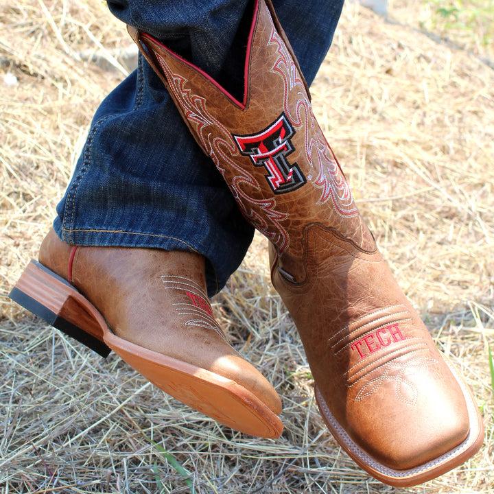 Men's Texas Tech Red Raiders Tan Leather Square Toe Cowboy Boots by Vaccari
