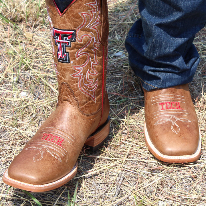 Men's Texas Tech Red Raiders Tan Leather Square Toe Cowboy Boots by Vaccari