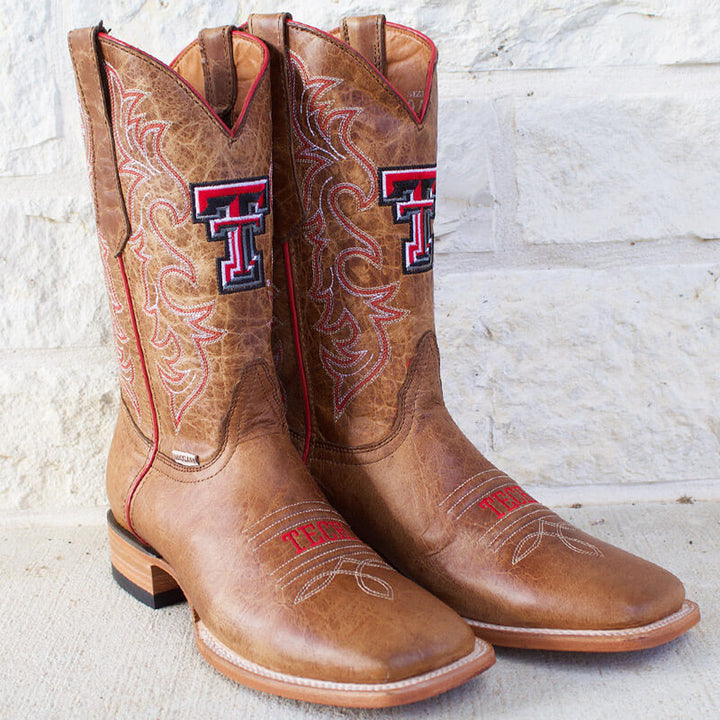 Men's Texas Tech Red Raiders Tan Leather Square Toe Cowboy Boots by Vaccari