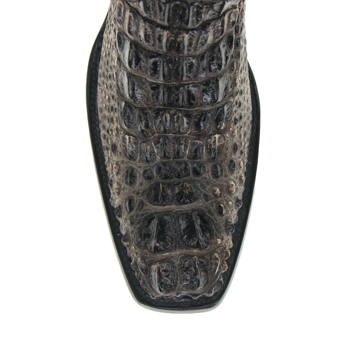 Cowboy boot upper in dark reptile-pattern leather with stitched panel details