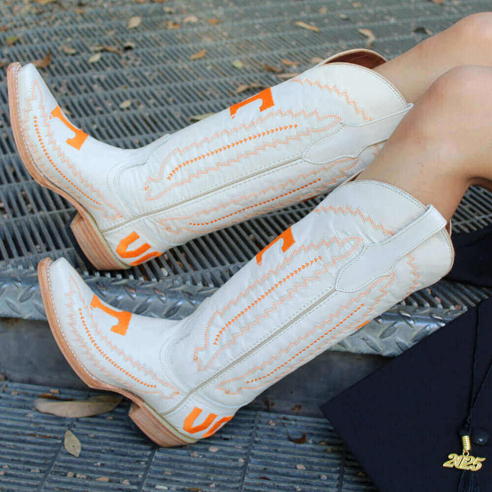 Women's University of Tennessee Cowgirl Boots Bone Leather Snip Toe Boots by Vaccari