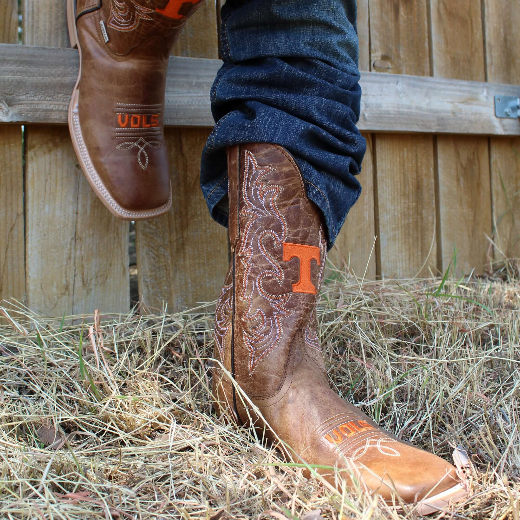 Men's University of Tennessee Vols Tan Leather Square Toe Cowboy Boots by Vaccari