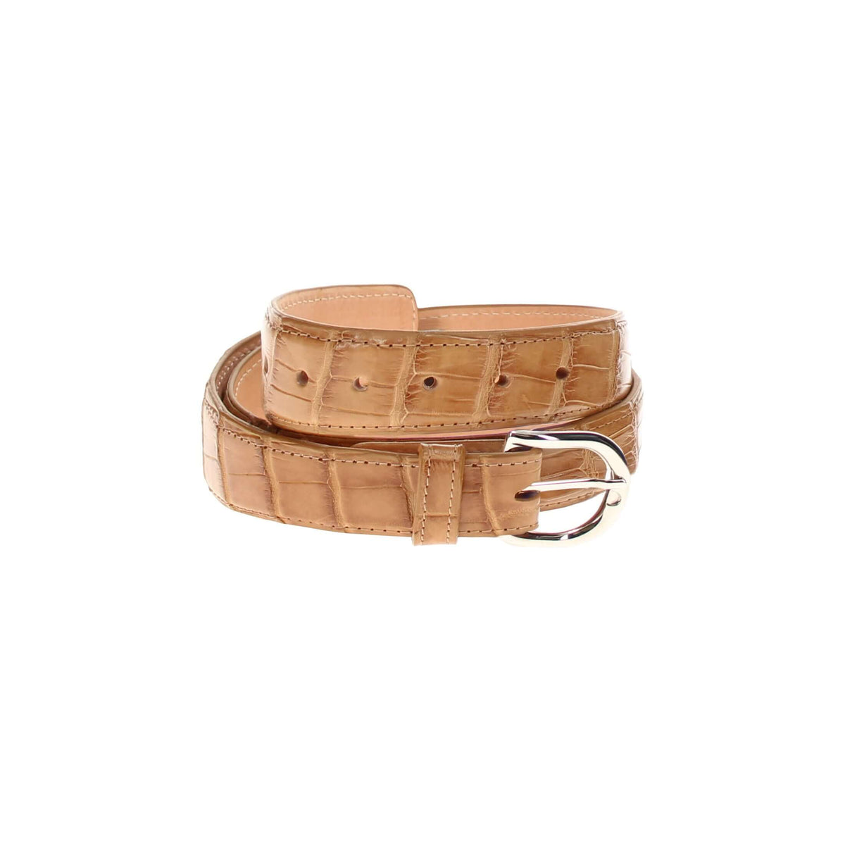 Tan alligator-pattern belt with chrome buckle and keeper loop