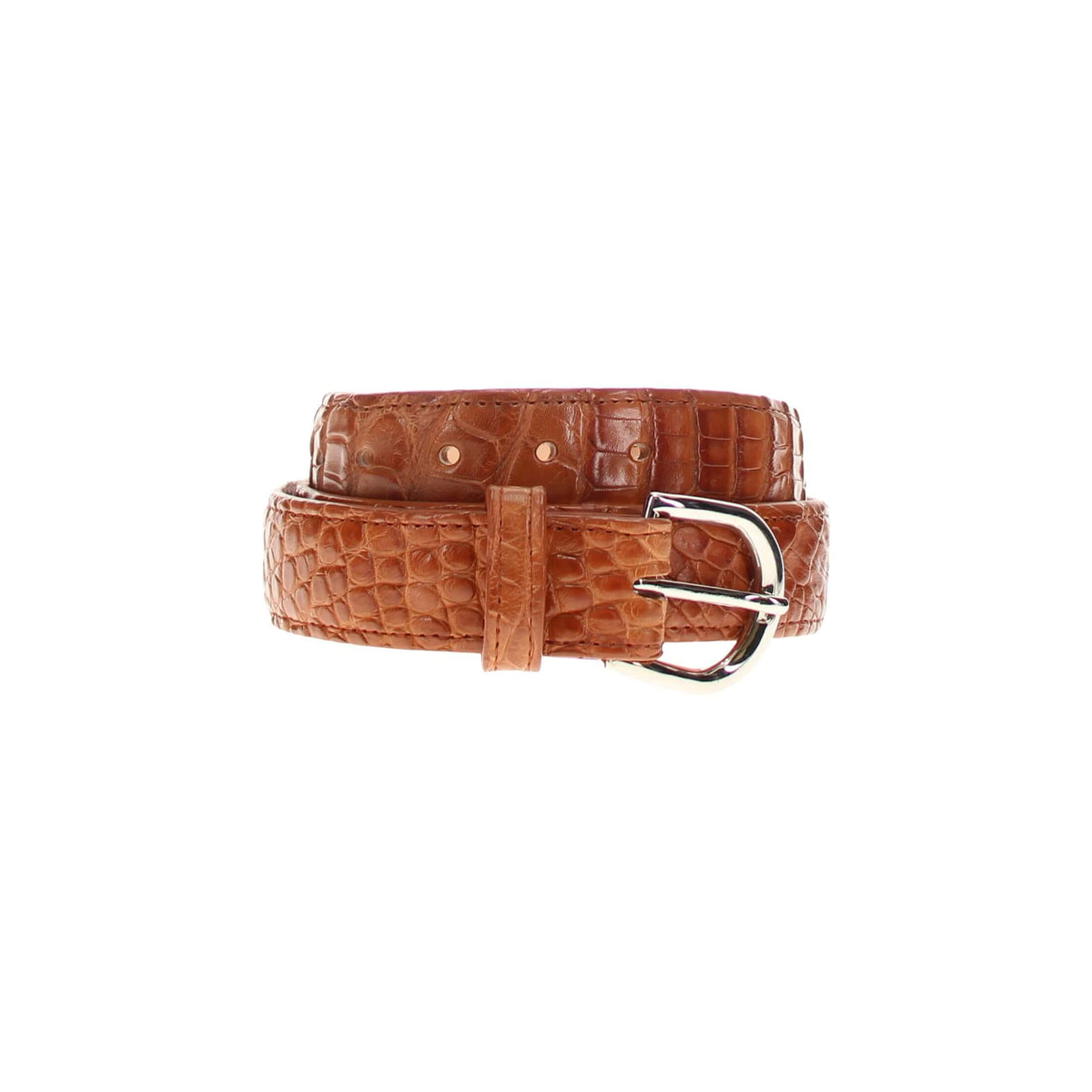 Brown alligator-leather belt with silver-tone metal buckle and stitched strap