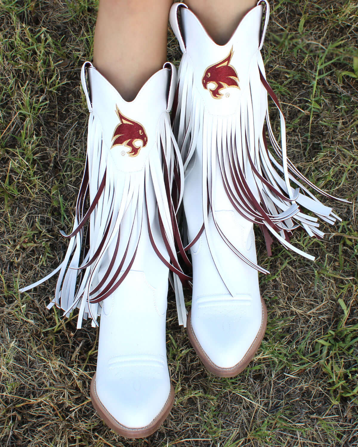 Women's Texas State University White Fringe Boots Kacey By V by Vaccari