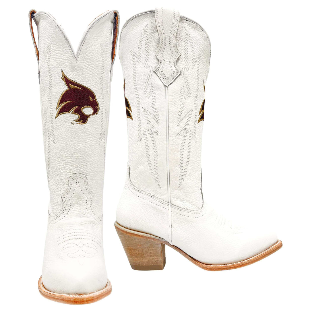 Women's Texas State University Bobcats All White Pointed Toe Cowgirl Boots Leighton by Vaccari