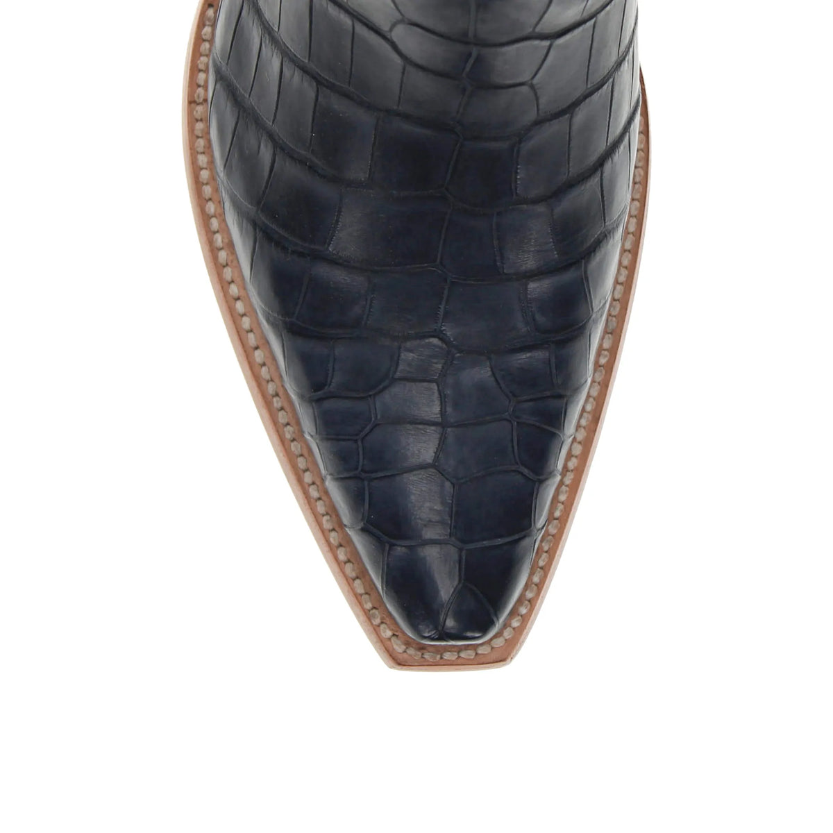 navy blue alligator belly vamp with pointed toe and leather sole