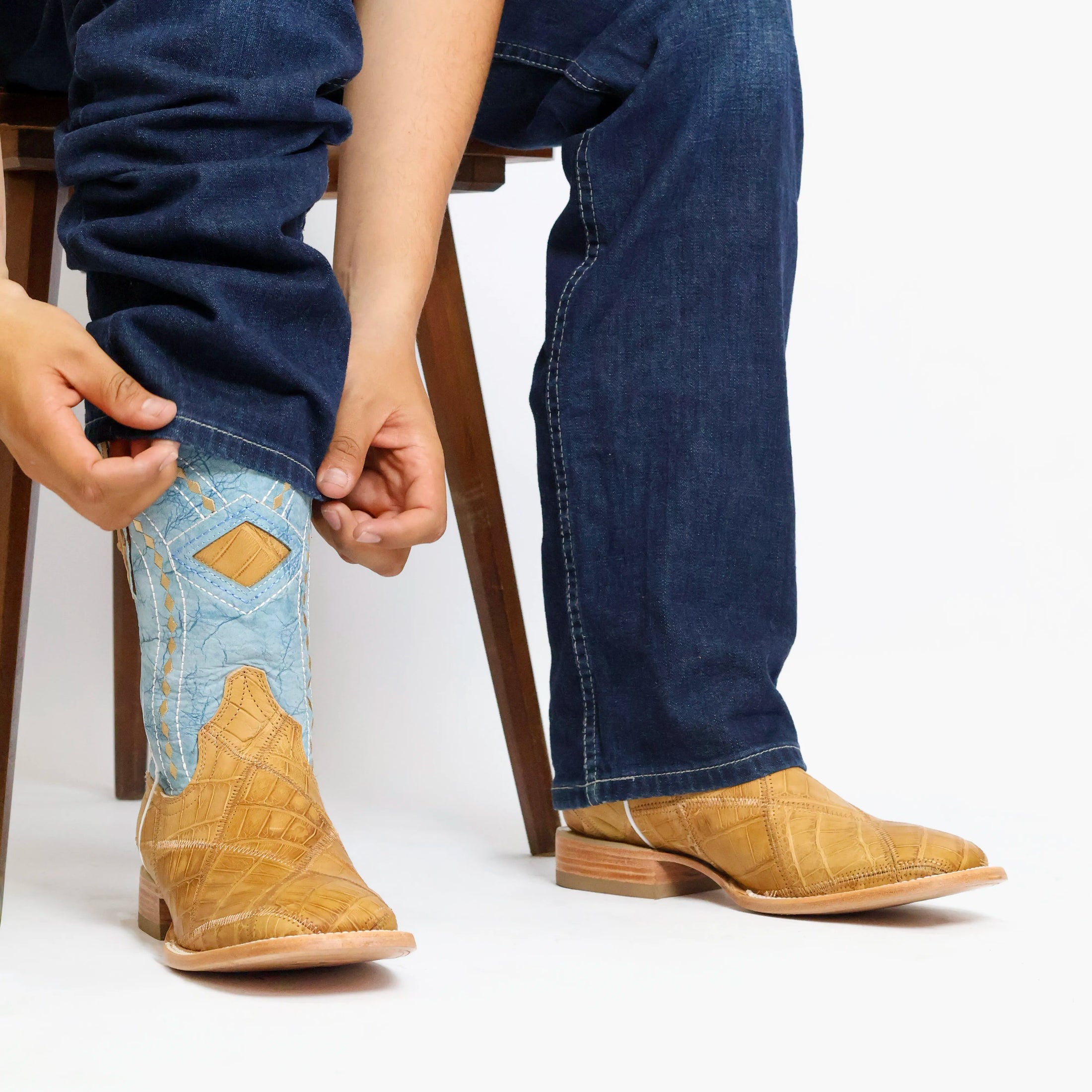 Men's Tan American Alligator Belly Patchwork BS Toe Cowboy Boots by Vaccari