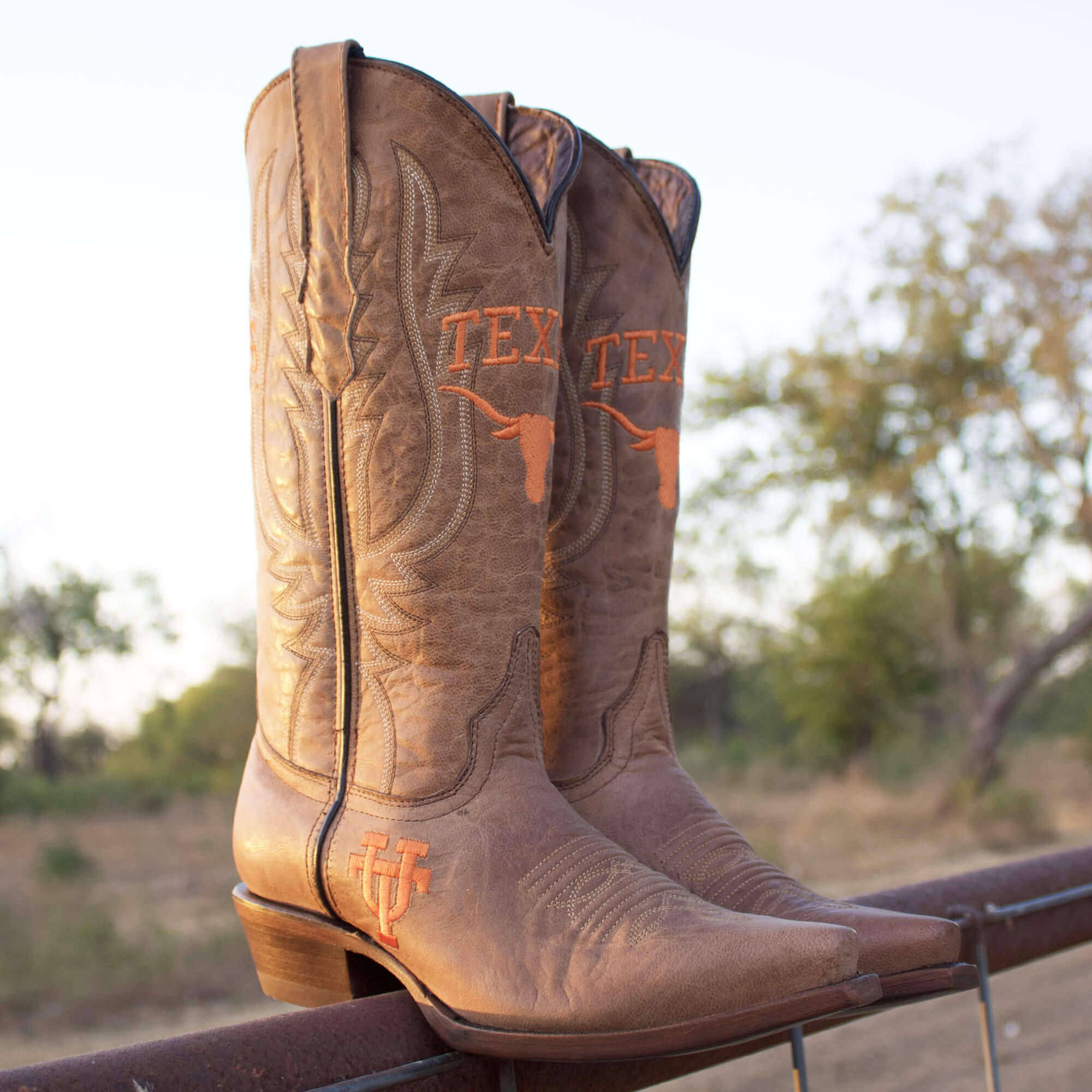 Women's University of Texas Longhorns Tan Leather Snip Toe Cowgirl Boots by Vaccari
