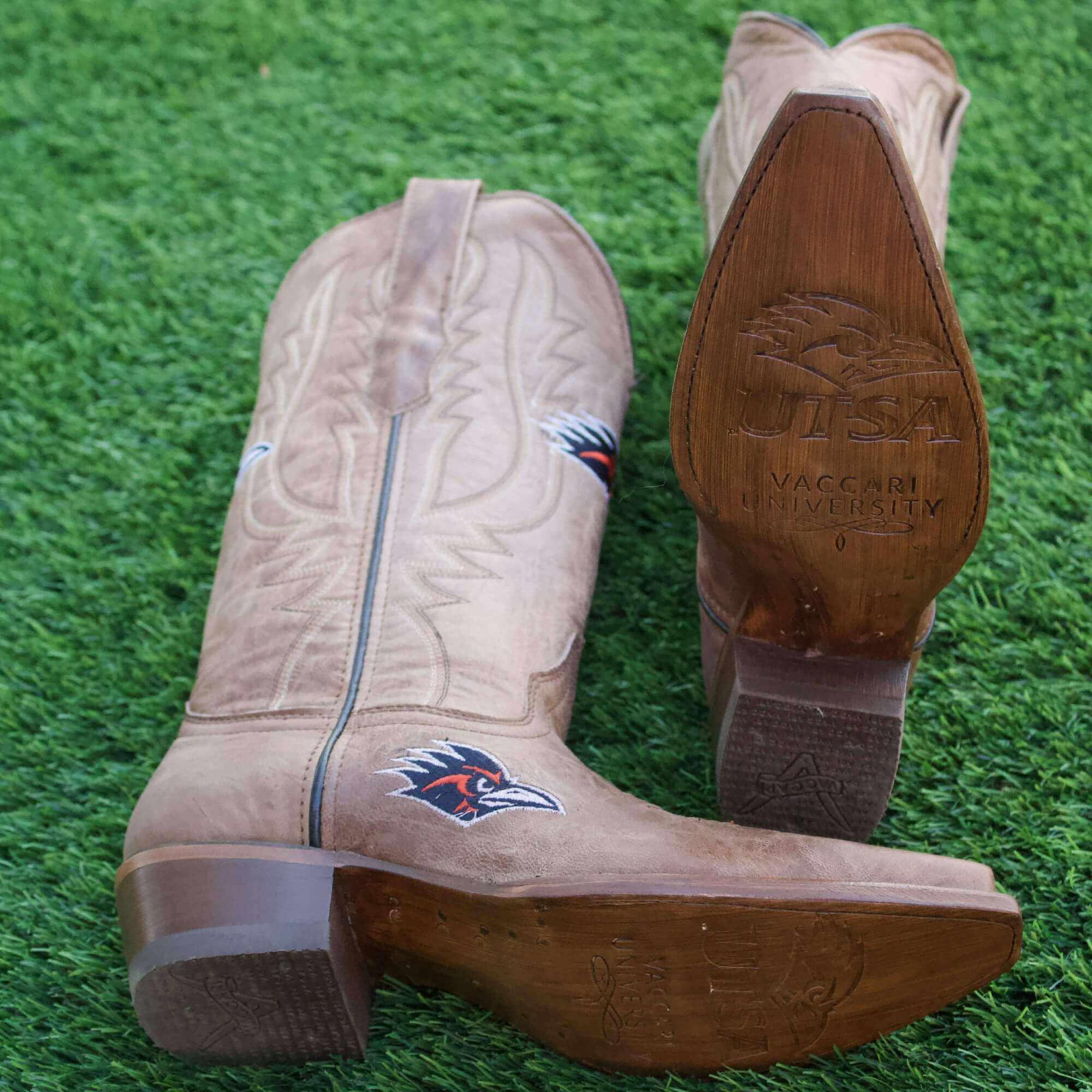 Women's University of Texas at San Antonio UTSA Roadrunners Tan Leather Snip Toe Cowgirl Boots by Vaccari