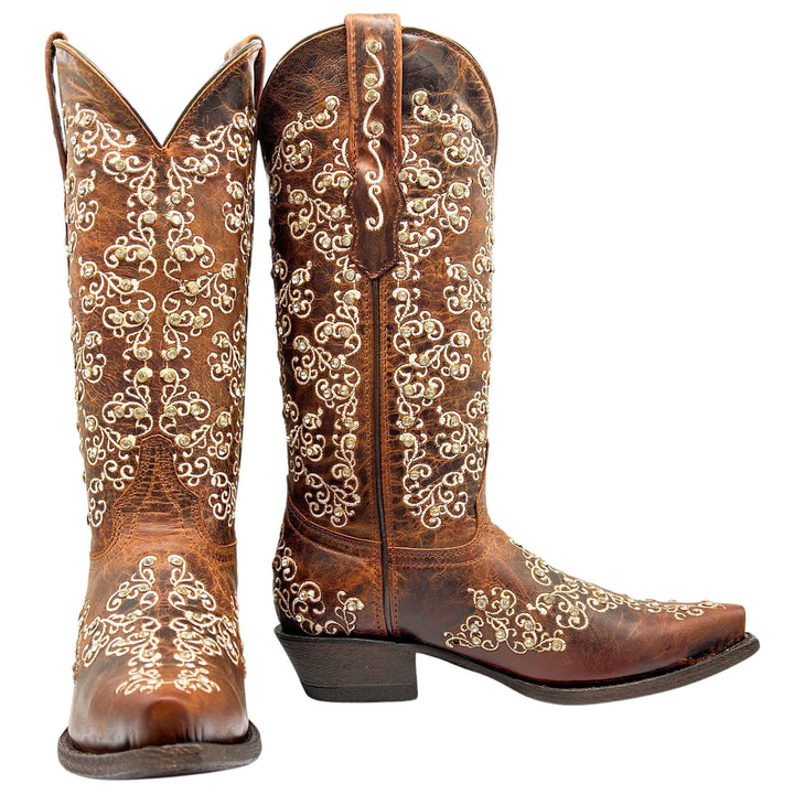 Women's Vaccari Cognac Snip Toe Crystal Embellished Cowgirl Boots | Brooklyn #select-a-toe_snip
