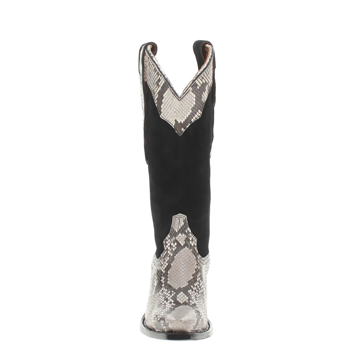 Black cowboy boot with a natural grey snakeskin vamp and collar detail with a snip toe