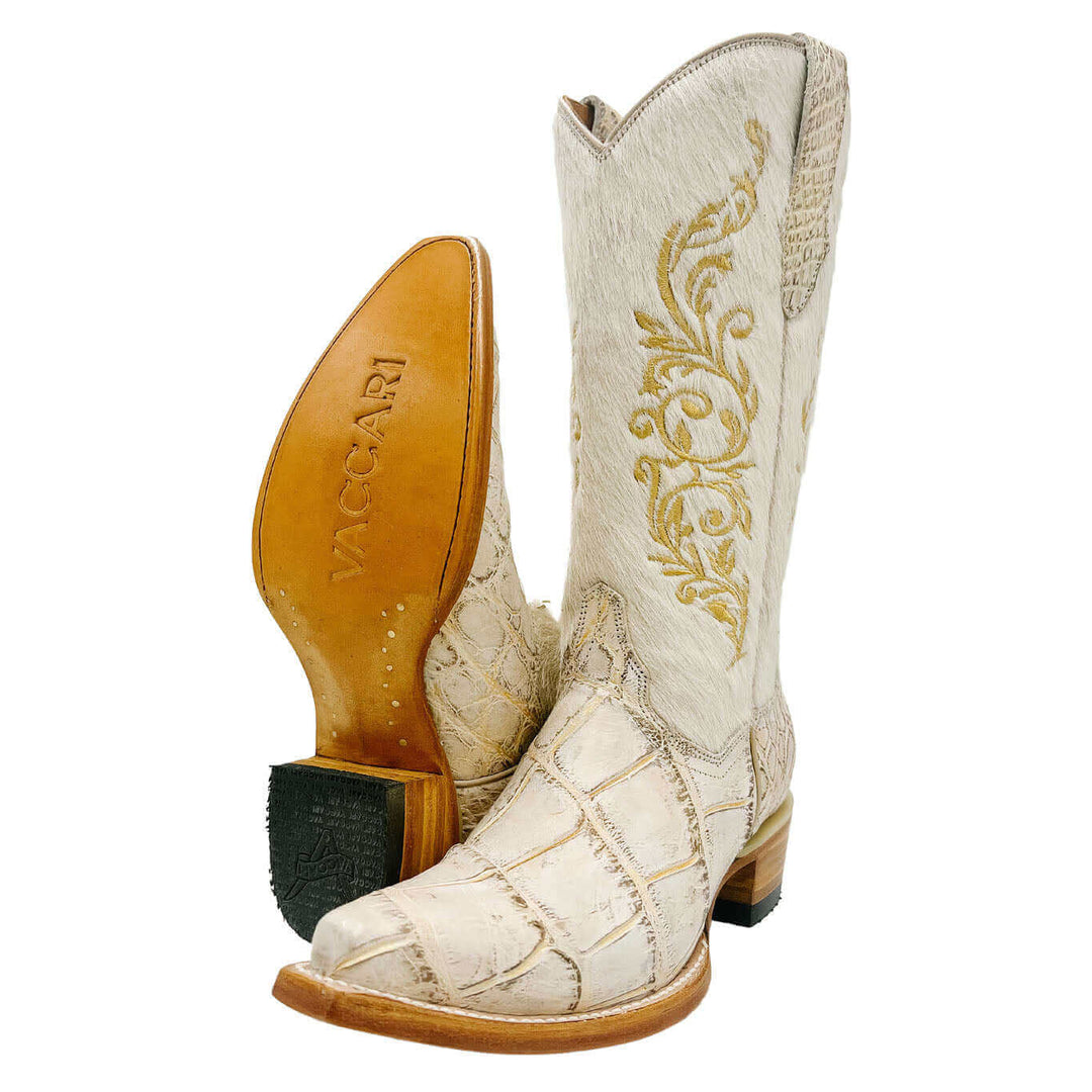 Women's Off White American Alligator Snip Toe Cowgirl Boots by Vaccari