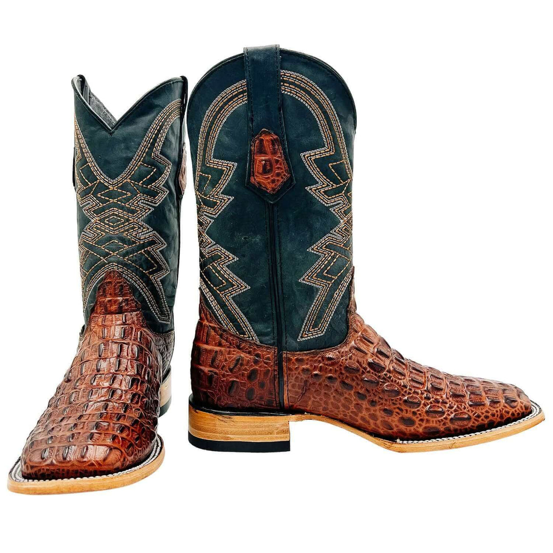 Men's Hornback Alligator Print Cowboy Boots Square Toe Boots Cognac Hornack Print Vaccari