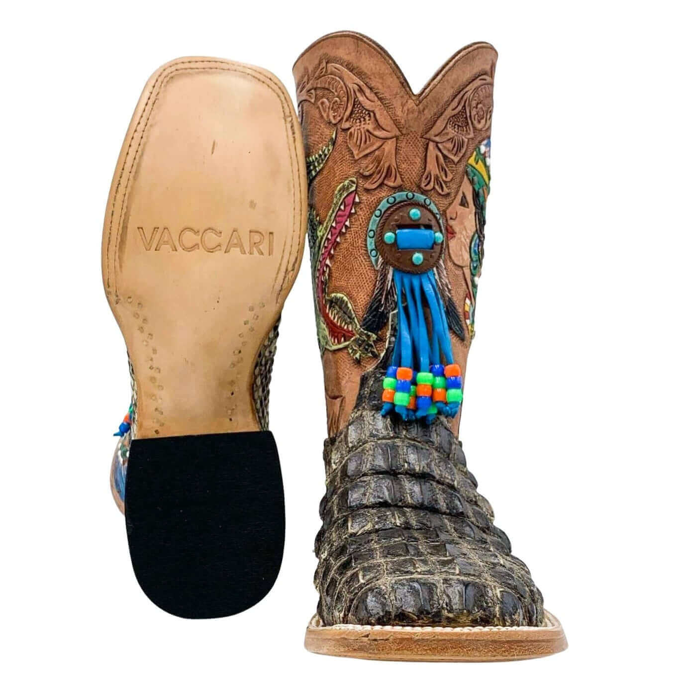 Mens Vaccari Hornback American Alligator Hand Tooled Square Toe Boots