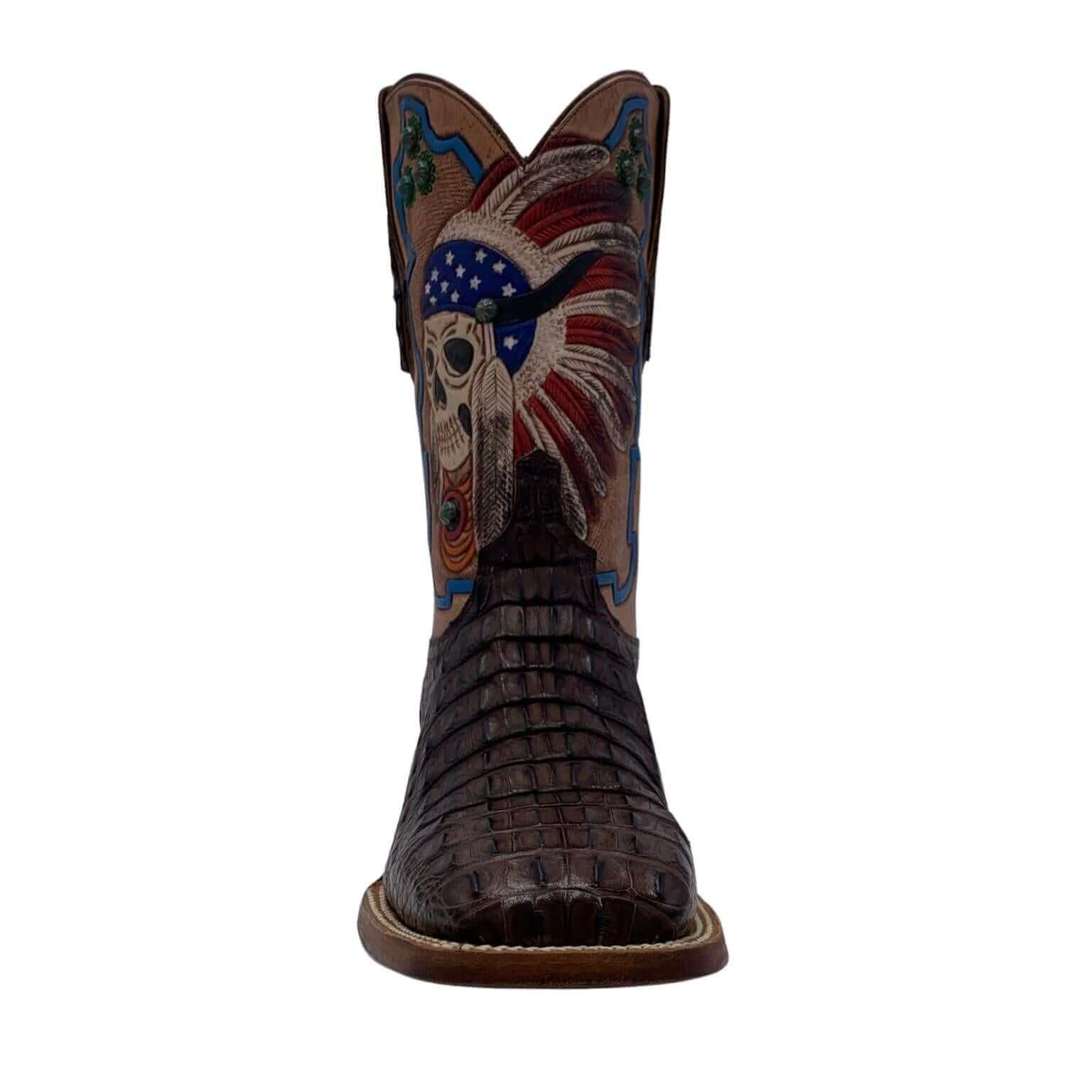 Hornback American Alligator Hand-Tooled Indian Profile, Skull and Totem Mocha - Vaccari BootsHornback American Alligator Hand-Tooled Square Toe Boots