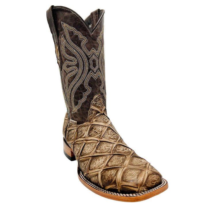 Men's Pirarucu Print Cowboy Boots Square Toe Boots Orix Tan Fish Print Boots Vaccari