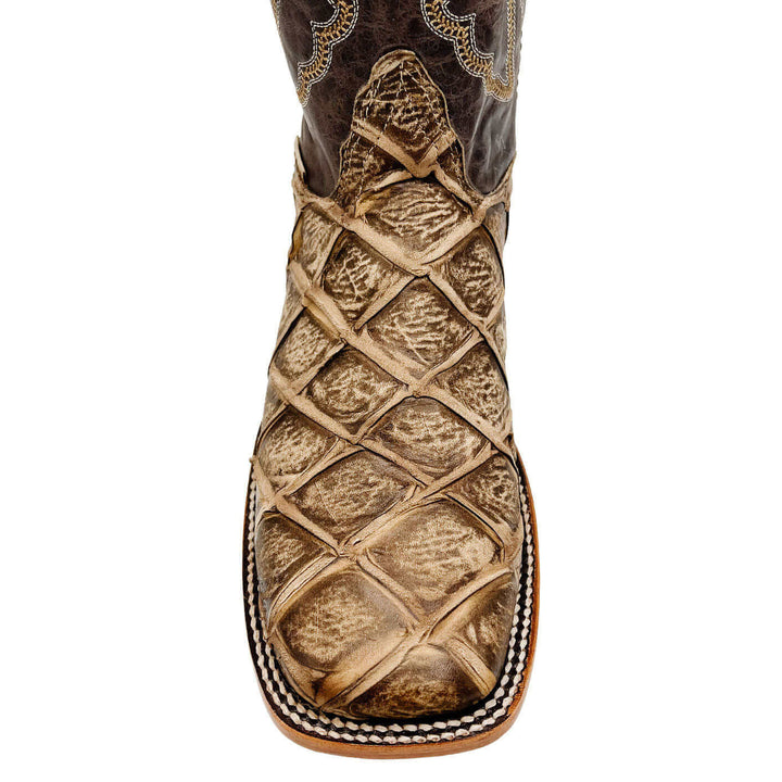 Men's Pirarucu Print Cowboy Boots Square Toe Boots Orix Tan Fish Print Boots Vaccari