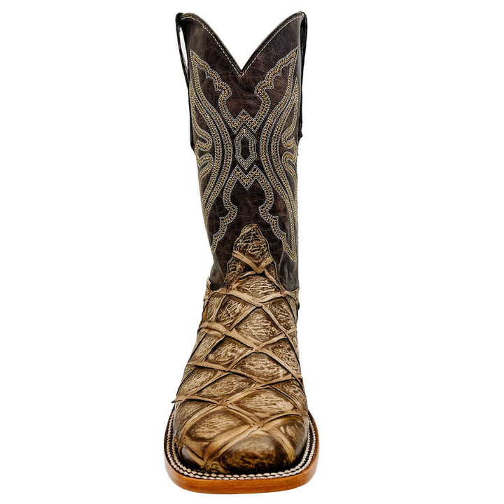 Men's Pirarucu Print Cowboy Boots Square Toe Boots Orix Tan Fish Print Boots Vaccari