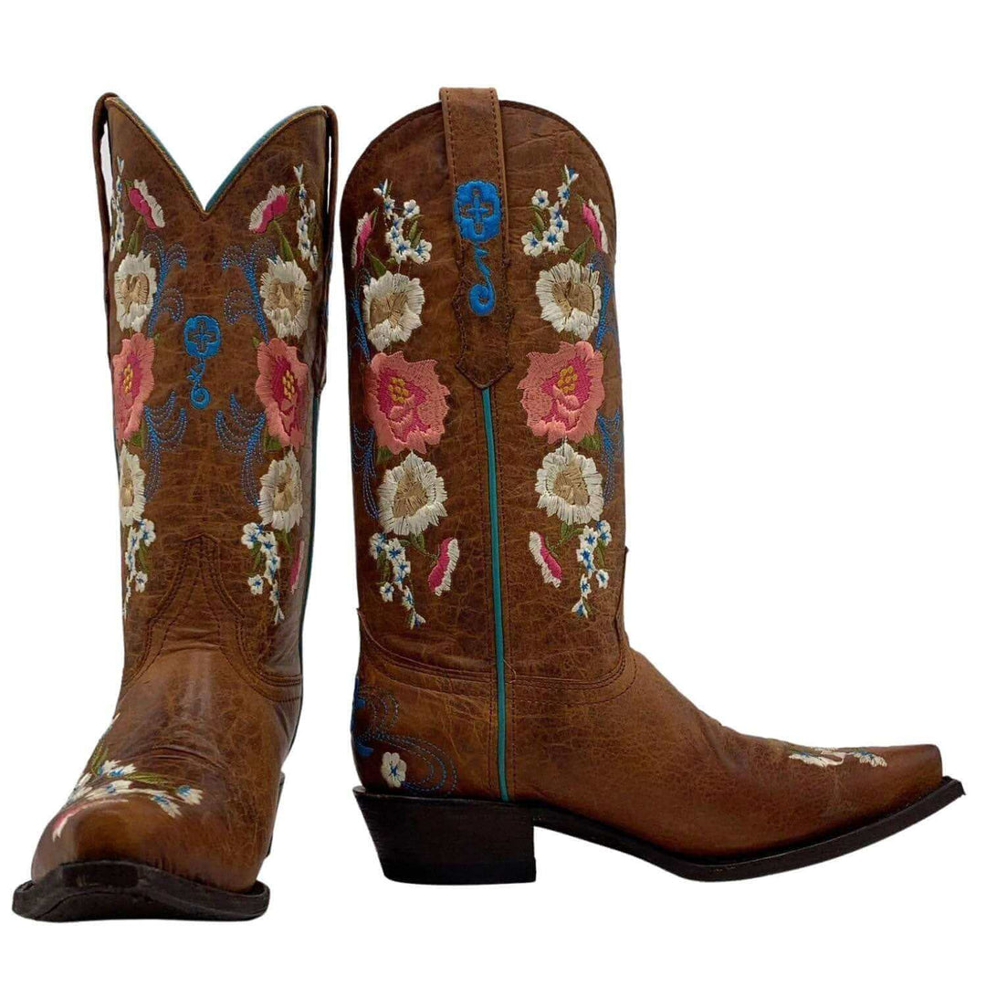 Womens Vaccari Floral Embroidered Cognac Boots