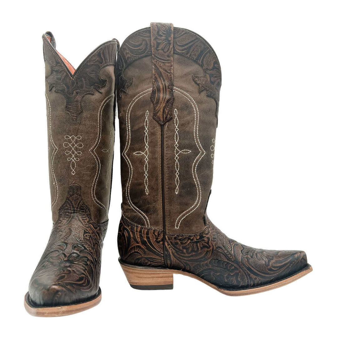 Women's Hand Tooled Floral Pattern Brown Cowgirl Boots by Vaccari #select-a-toe_snip