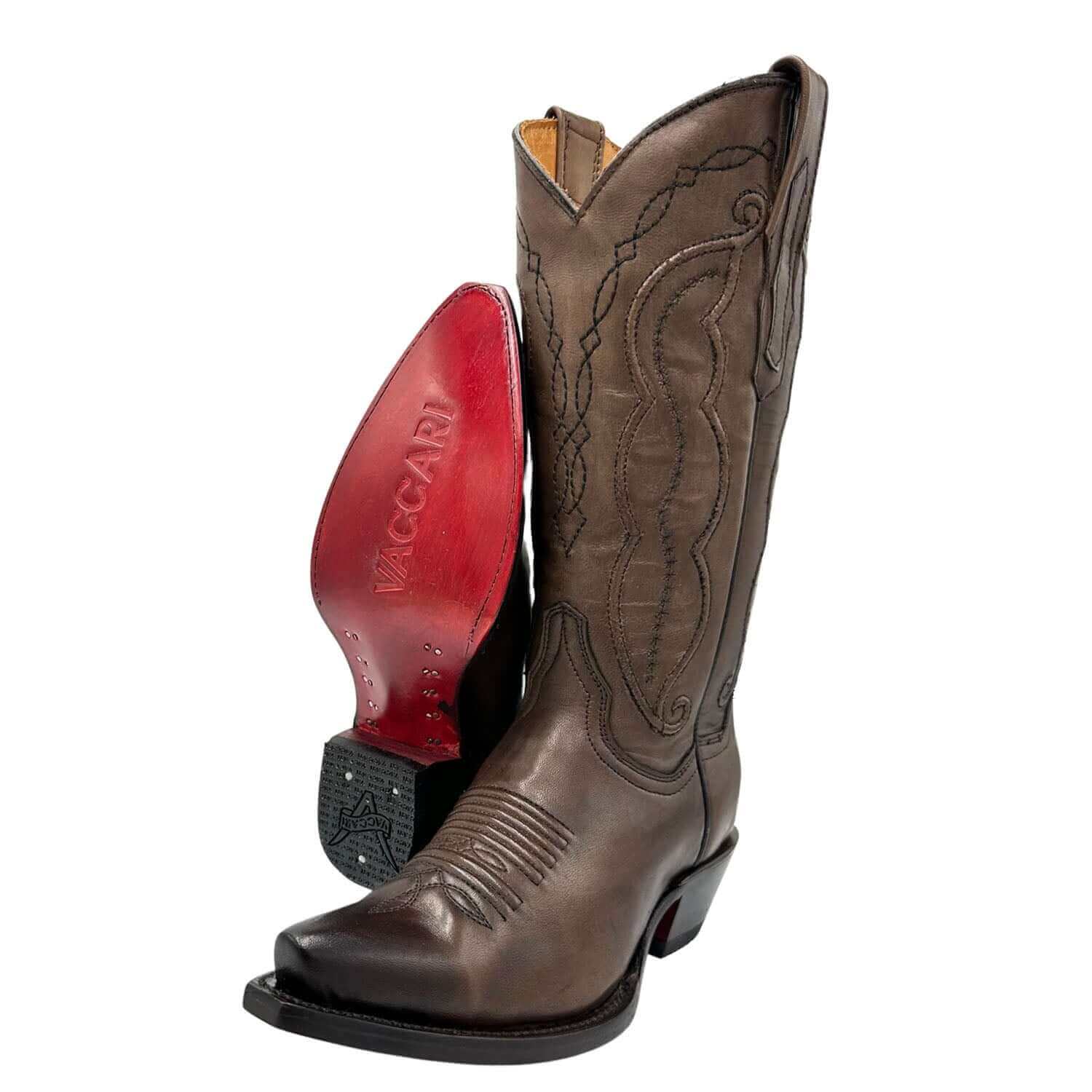 Women's Hand Corded Cowgirl Boots | Brown Snip Toe Cowgirl Boots | Red Bottom Boots | Vaccari | Size 9