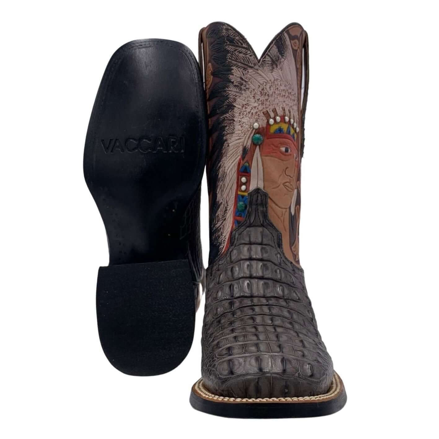 Mens Vaccari Hornback American Alligator Hand Tooled Square Toe Boots